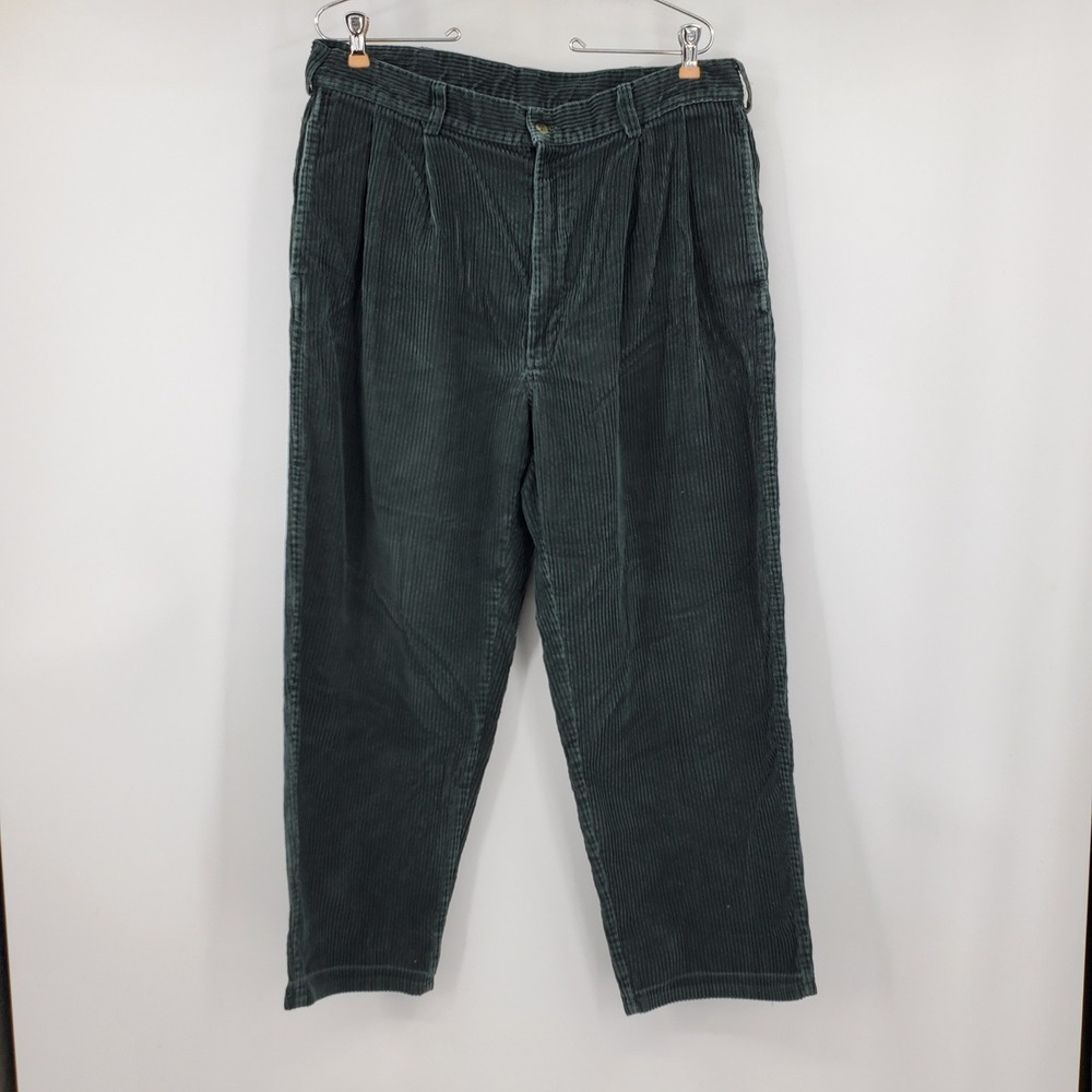 Vintage Izod Forest Green Pleated Corduroy Pants Wide Wale Baggy Leg Y2K 36 Prep